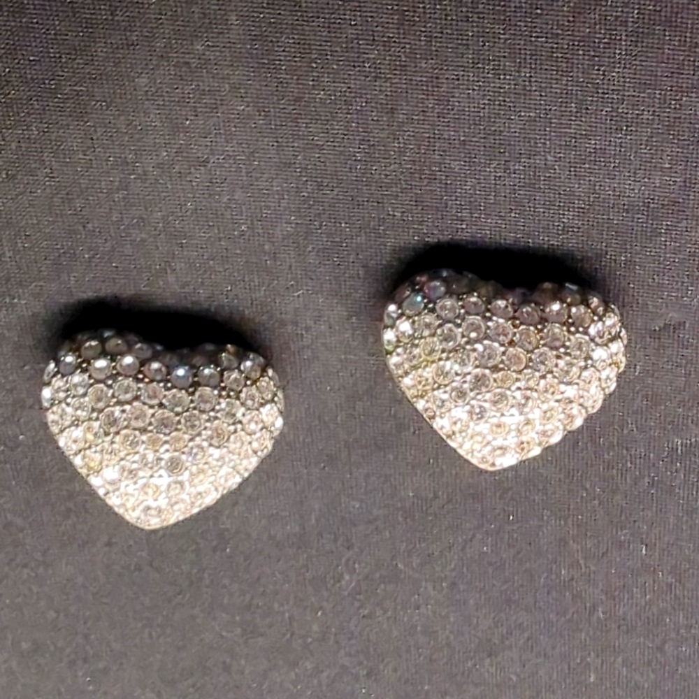Carolee Crystal Heart Clip On Earrings Silver Tone Rhinestone Pavé Vintage
